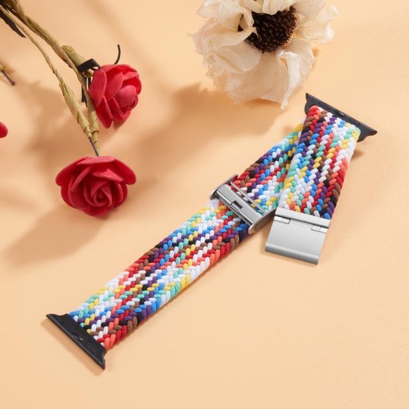 NEW Adjustable Rainbow White Braided Solo Loop For Apple Watch - Picture 2 of 4
